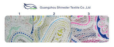 Farbige Druck-Polyester-Spitze-Gewebe-Baumwollmasche Burnout-Spitze von Öko-färbenden Techniken (CY-DK0042) fournisseur