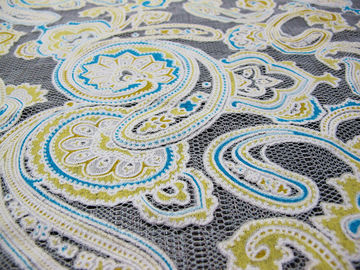 Farbige Druck-Polyester-Spitze-Gewebe-Baumwollmasche Burnout-Spitze von Öko-färbenden Techniken (CY-DK0042) fournisseur
